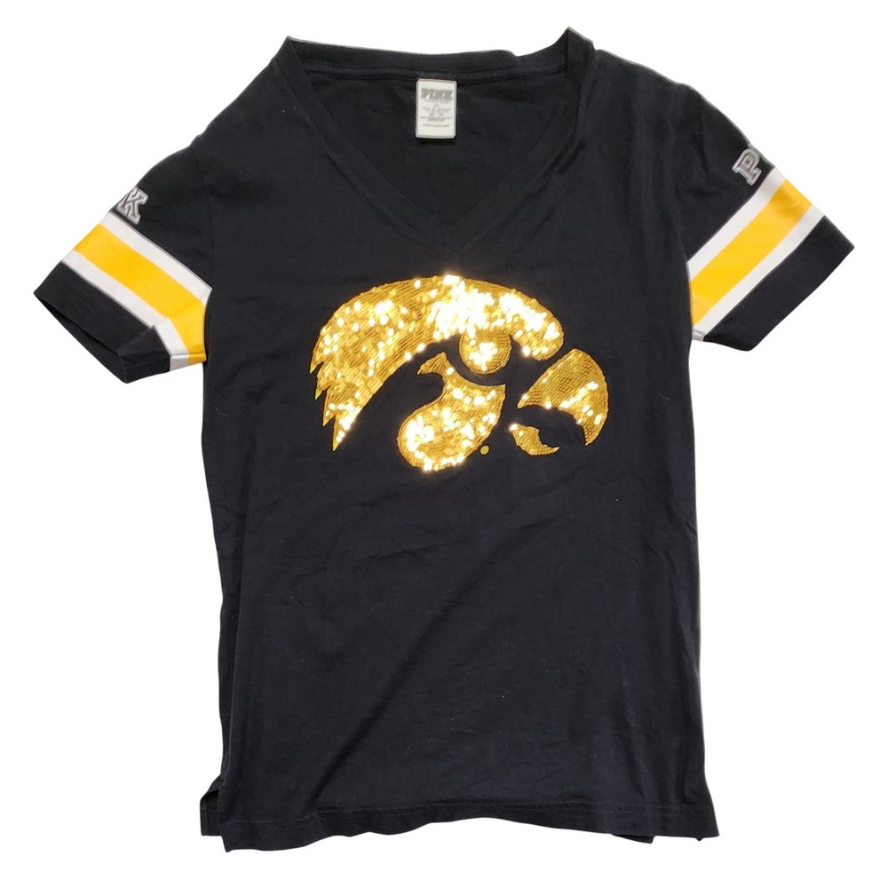 PINK Victoria's Secret Iowa Hawkeyes Sequin Logo V-Neck Shirt Black XS Gameday